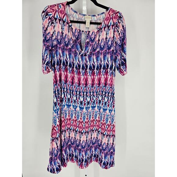 Chico's Dress Knit Ikat Print Keyhole Neckline Casual Pink Blue size 0P Midi - Picture 1 of 4